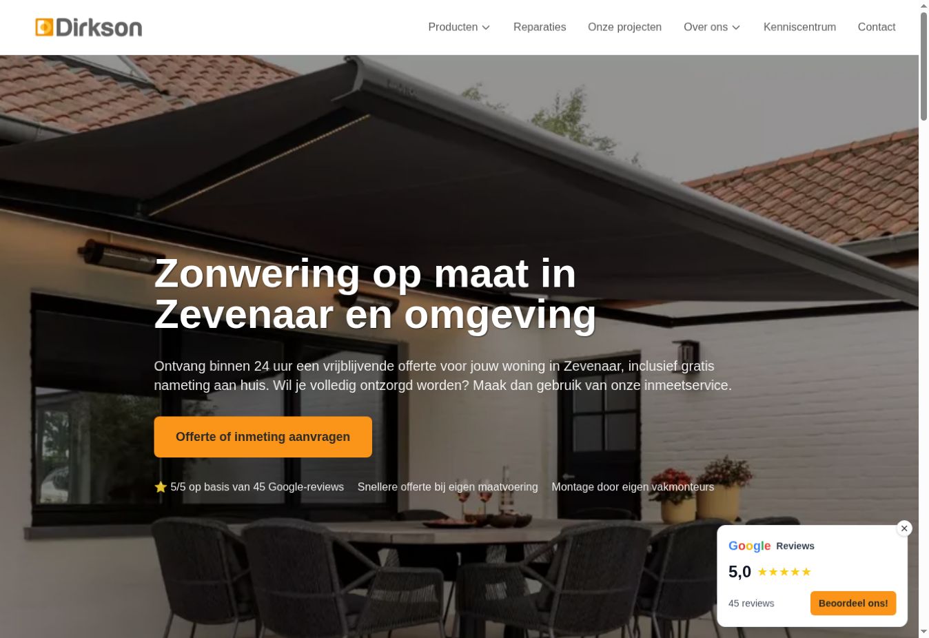 Preview van de homepage van Dirkson Zonwering