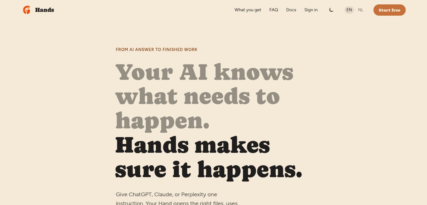 Preview van de homepage van Hands